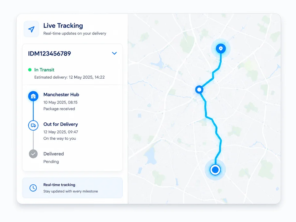 Illustrative live shipment tracking interface with route milestones