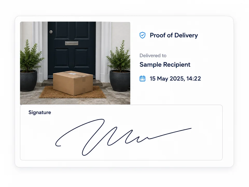 Illustrative proof-of-delivery interface with a sample signature